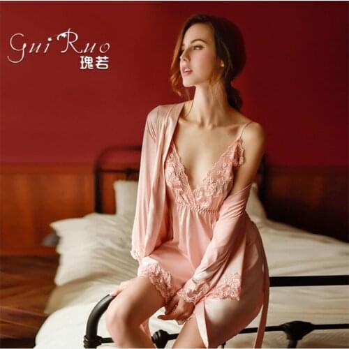 Womens fashion Bathrobe suit Lace nightdress night-robe seduction Sexy lingerie home clothing (robe+braces skirt+T-Underpants)