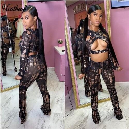 2021 Long Sleeve Letter Print Bandage Hollow Out Blouse Top And Leggings 2 Pieces Set Spring Summer Women Sexy Tracksuit