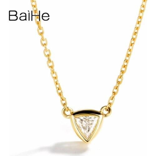 BAIHE Solid 18K Yellow Gold 0.10ct H/SI Natural Diamond Women Trendy Fine Jewelry Elegant Simple triangle diamond Gift Necklaces