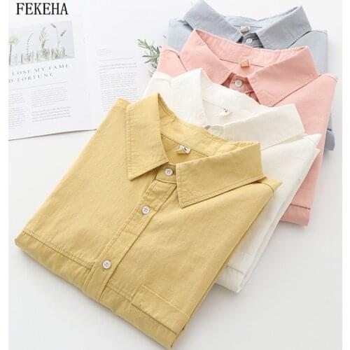 Shirts Womens Tops And Blouses 100% Cotton Long Sleeve False Pocket Loose White College Style Girls Student Clothes Oversized