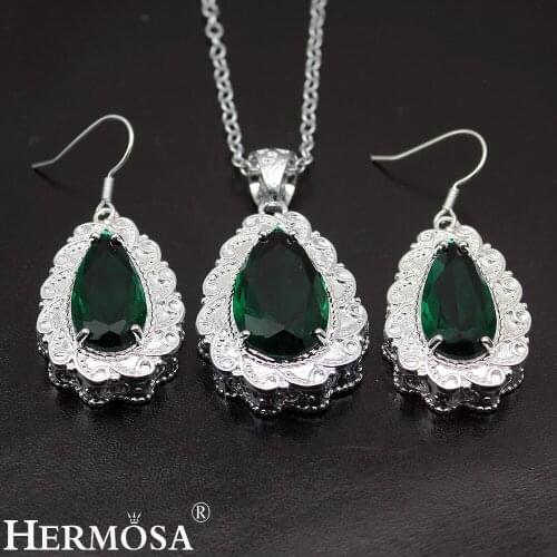 Big Promotion Green Topazz Drop Shape Jewelry Silver Color Earrings Pendant Necklace for women NY824 Fashion Party Gift