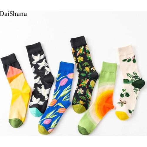 DaiShana 1 Pair New Arrival Women Socks Harajuku Creative Flower And Bird Sketch Print Cotton Socks Funny Casual Fashion Happy M