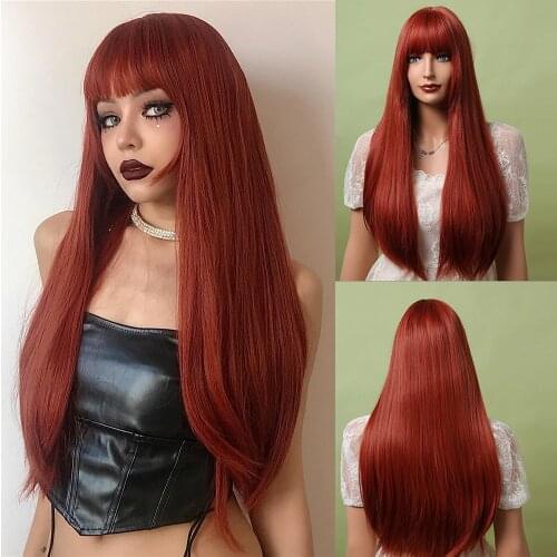 TINY LANA Ombre Red Wine Wigs with Full Bangs Long Silky Straight Synthetic Wigs For Women Cosplay Daily Party Heat Resistant