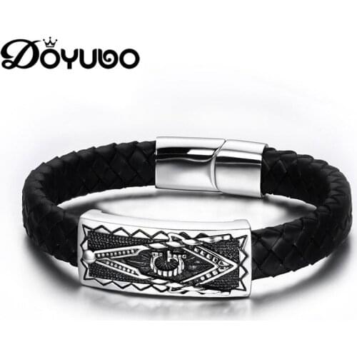 DOYUBO European Mens Black Genuine Leather Bangles Stainless Steel Square Charms Bracelets Male Real Leather Bracelets DD034