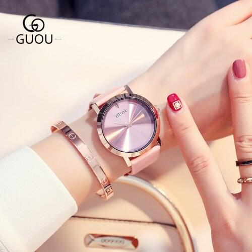 2018 Fashion Guou Simple Elegant Womens Casual Watch Quartz Analog Genuine Leather Waterproof Women Watches Ladies Wristwatch
