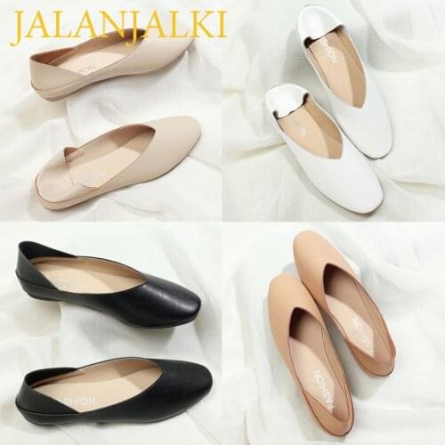 JALANJALKI Women Flat Boat Shoes Non-slip Flat Sole Slip On Ladies Leather Shoes Zapatos Mujer Oxford Shoes Outdoor Basic Shoes