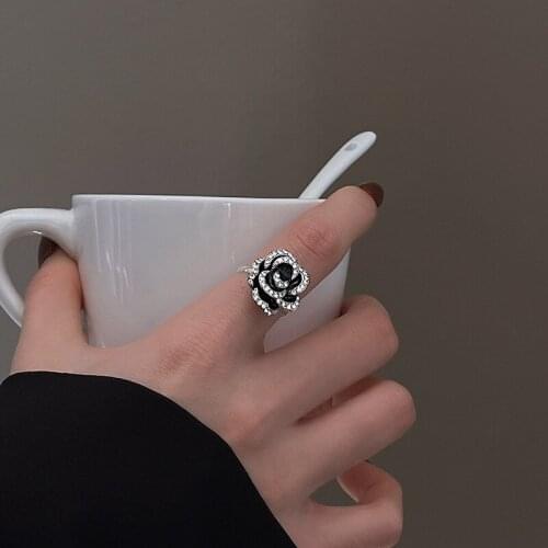 Drip Oil Black Flower CZ Diamond Crystal Vintage Silver Rings Open Adjustable Rings Resizable Finger Rings for Women Girls Gifts