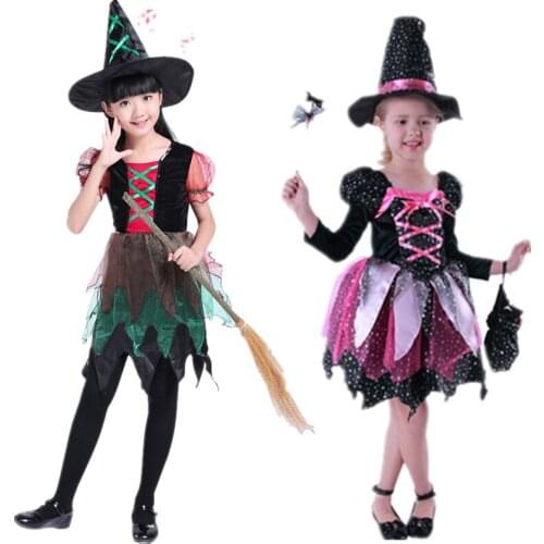 2020Kid Girls Halloween Witch Costume Sparkly Silver Stars Printed Carnival Cosplay Dress with Pointed Hat Wand Dress Up Clothes
