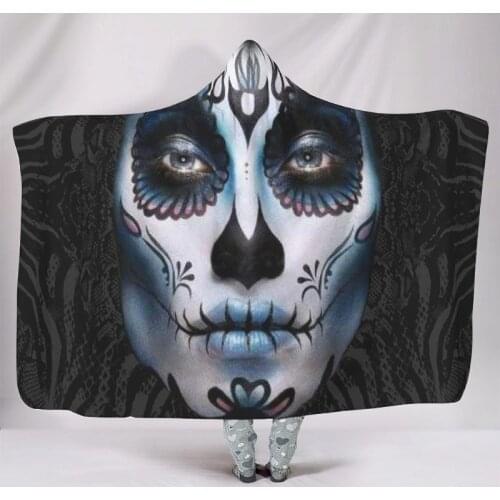 Skull Face Printed Hooded Blanket Warm Soft Microfiber Wearable Blanket for Adult Kids Seasons Room Bedding Sofa Throw Blankets