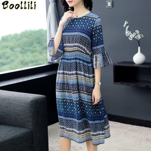 Boollili Summer Dress Women Real Silk Vintage Women Dresses Print Midi Party Dress Elegant Beach Dress Vestido Mujer