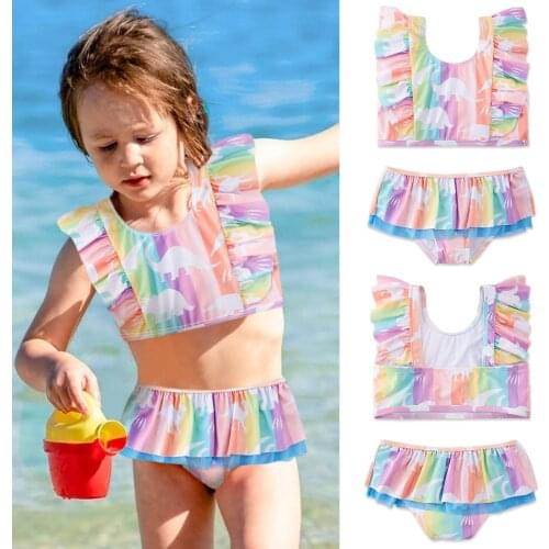 Summer Swimsuit Kids Girl Toddler Girls Swimsuits Ruffle Rainbow Two-pieces Bathing Quick Dry Kawaii Baby Swimwear For Girls