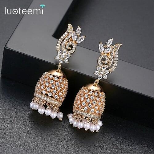 LUOTEEMI Fashion Champagne Gold Dangle Earrings With CZ Crystal And Imitation Pearl For Women Bohemia Style Drop Earrings Bijoux