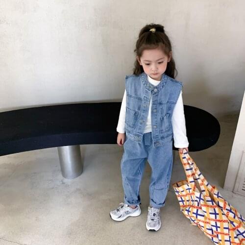 Autumn New Arrival Korean style girls clothing sets long sleeve t-shirt with jeans vest coat and long pants for fashion girls