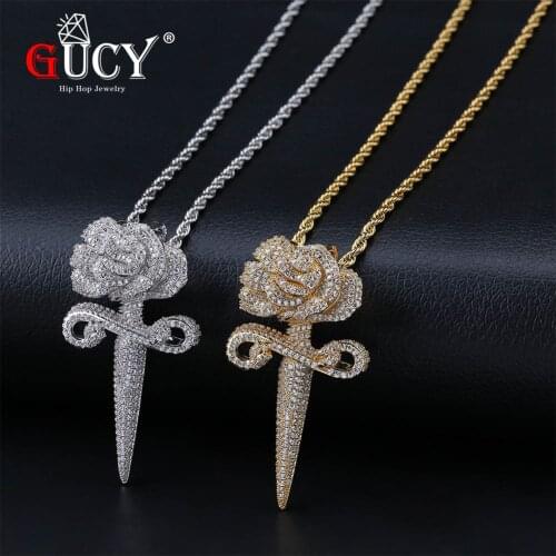 GUCY Hip Hop Soild Back Flowers Pendant Necklace WithTennis Chain Plated All Iced Out Cubic Zircon Mens Jewelry Gift Party