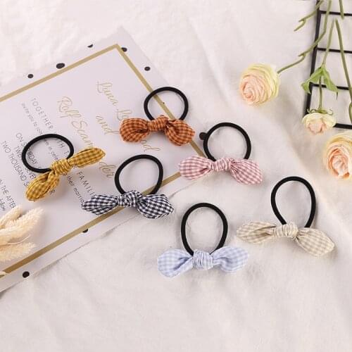 New arrival women plaid knot bow Hair bands girls rabbits ear hair tie lovely gum ladys sweet bunny ear hair accessories