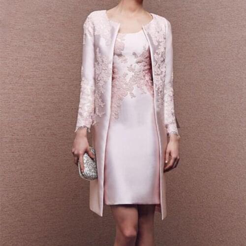 Pink Lace Mother Of The Bride Dresses 2021 Formal gown Outfit Coat Long Sleeve Jacket Above Knee Length Wedding Guest Dress