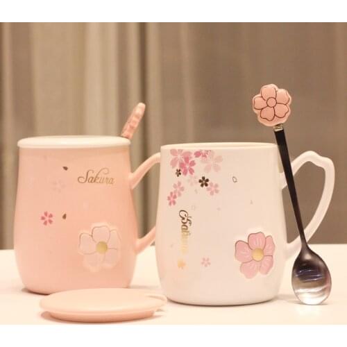 Sakura Cute Small Coffee Mug Cup Outdoor Milk Sakura Coffee Mugs Travel Girl Ceramic Canecas Cafe Criativas Coffee Cup Cute