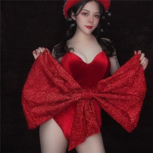Sexy Big Red Bow Bodysuit Christmas Performance Costume Nightclub Bar DS Female Singer Stage Party Carnival Clothing DWY4005