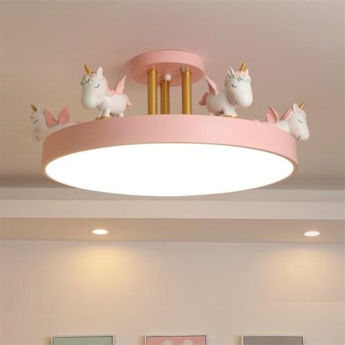 Nordic circular Flying horses pink ceiling lights childrens room bedroom cartoon animal eye protection modern ceiling lamps