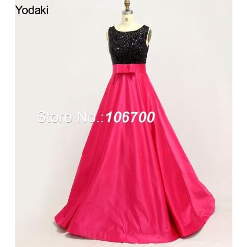 Real Photos Hand Make Black Crystal Beading Prom Dresses Ballgown Boat Neck With Sash Fuchsia Party Evening Gowns 2018 New