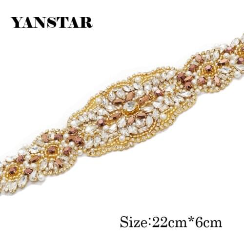 YANSTAR (30pcs) Hand Bridal Sash Rhinestones Appliques Accessory Clear Gold Crystal Sew On For Wedding Dress Belt YS989