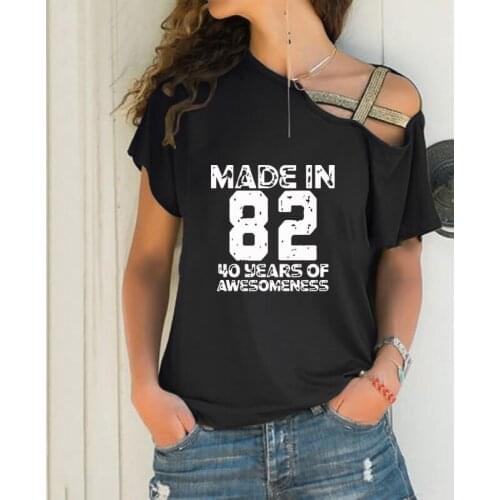 Made In 1981 40 Years Loose T-shirt Women Irregular Tshirt 40 Birthday Gift Tops Punk Harajuku Skew Neck Cross Bandage T-shirt