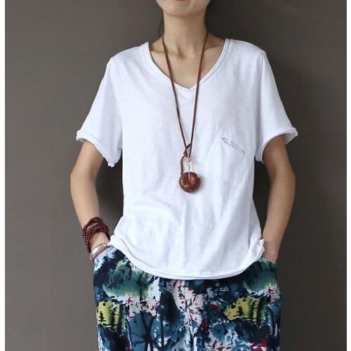 Women Vintage White V neck Tee shirts Short Sleeve Summer Female Tops Cotton Simple T shirts Tees Clean 2016 New