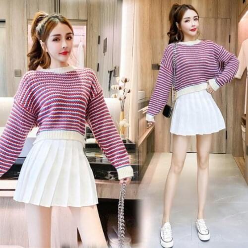 Women 2021 Spring Autumn Fashion 2 Pieces Set Female Vintage Striped Knitted Sweater and Pleated A-line Mini Skirt Suit C347