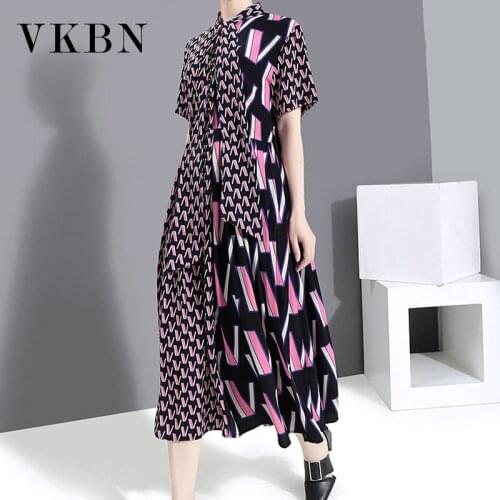 VKBN 2021 Spring and Summer Dress Women Office Lady Geometric Pattern Printing Turn-down Collar Dress Elegant