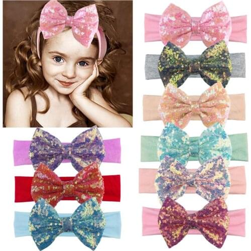 13Pcs Baby Girls 5" Gilter Sequin Hair Bow Turban Headbands Elastic Soft Cotton Hairbands for Kids Toddlers Boutique Head Wraps