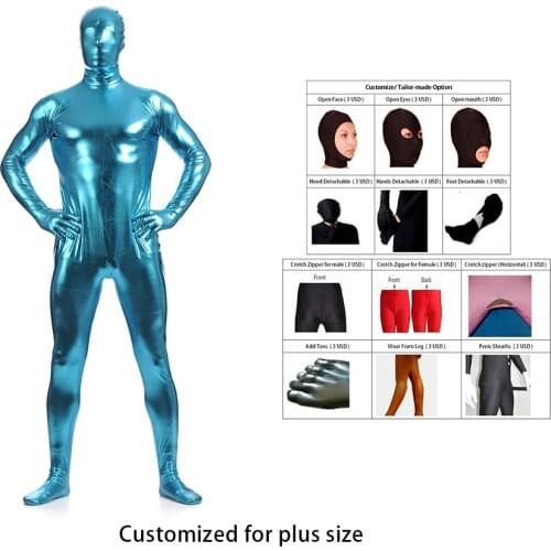 2018 Free shipping Shiny Lycra Spandex Shiny Blue Mens Unitard Catsuits Metallic Footed Zipper Zentai Bodysuit can Customize