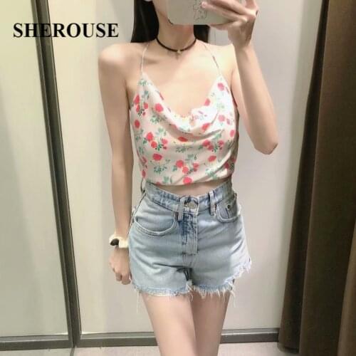 2021 Women Sexy Fashion Bow Floral Printed Cropped Tank Top Thin Straps Backless Vintage Female Camis Chic Tops Mujer