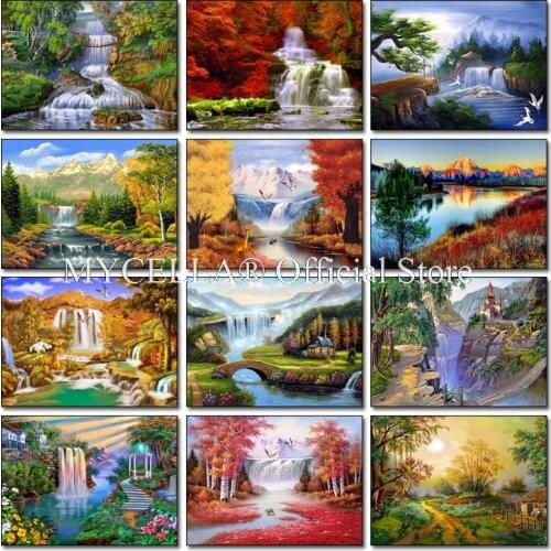 5D DIY Diamond Painting Mosaic Full Round Drill Art Diamond Embroidery Scenery Waterfall & Rainbow Cross Stitch Landscape Decor