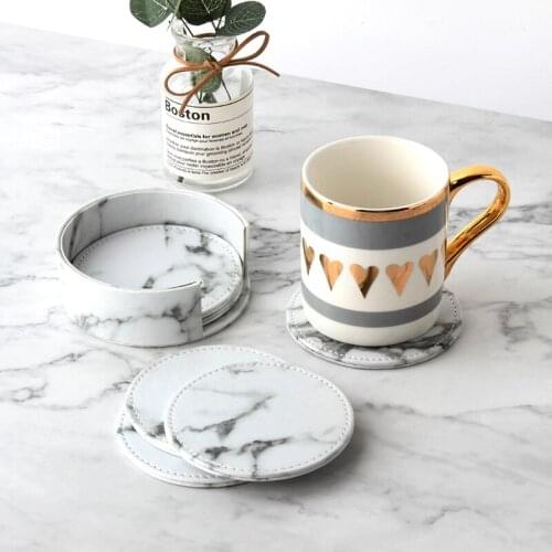 6PCS Leather Marble Coaster Coffee Cup Mat Insulation Tea Pad Dining Table Placemats