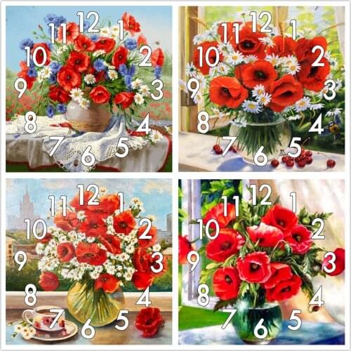 Dpsprue Full Diamond Painting Cross Stitch With Clock Mechanism Mosaic 5D Diy Square Round Red Flower 3d Embroidery Gift HG015
