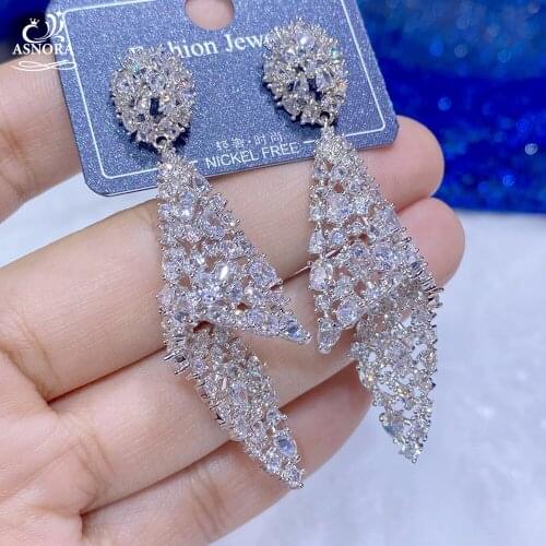 ASNORA Long Drop Earrings Women Silver Crystal Drop Earrings Engagement Jewelry High Quality CZ Earrings