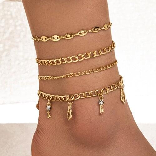 DIEZI Punk Gold Color Multi layer Snake Chain Anklets Set For Women Girls Fashion Rhinestone Key Charm Anklet Bracelet Jewelry