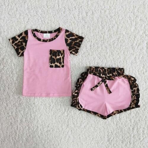 High quality girl pink color t-shirt set girl ruffle design leopard pattern summer outfit kids raglan shirt and shorts clothing
