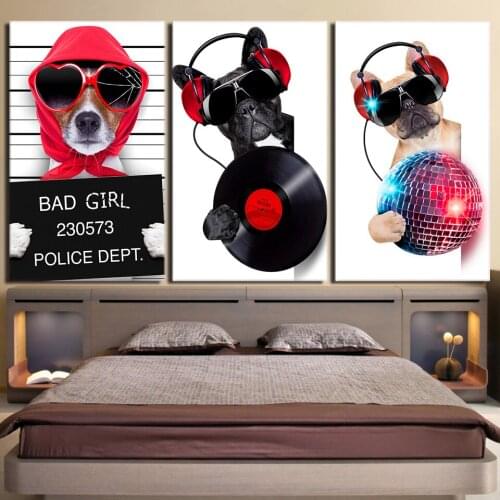 Canvas HD Print Picture Frame Bar restaurant Home Decor 3 Pieces Musicality Bulldog Painting Wall Art Music Dj Animal Dog Poster