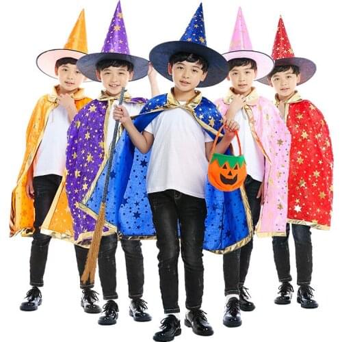 Halloween Costume Satin Bronzing Cape with Hat for Kids Boys Wizard and Girls Witch Cosplay Halloween Party 1pc