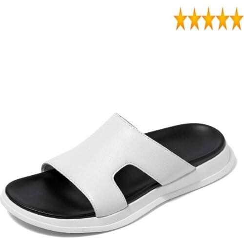 Summer 100% Real Leather 2021 Men Outside Casual Slides High Quality Breathable Beach Slippers White Platform Sandals