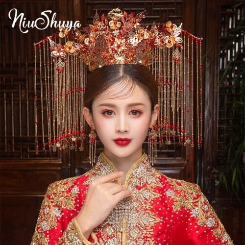 NiuShuya Exaggerated Headdress New Chinese Vintage Style Wedding Headdress Gold Phoenix Stage Show Hairwear Hair Accessories