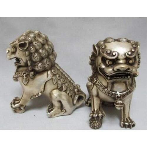 Copper Statue Rare Chinese Silver Carved Guardian Lion Foo Fu Dog Statue A Pair 12cm High