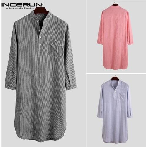 Men Striped Robes Sleepwear Long Sleeve Stand Collar Homewear 2021 Mens Bathrobes Fashion Comfortable Leisure Nightgown INCERUN