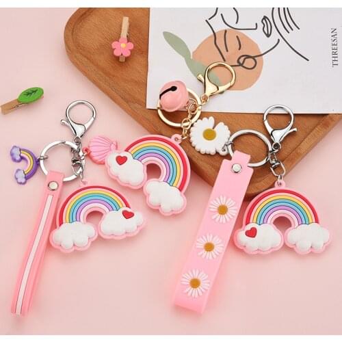 New Cute Rainbow Flower Keyring Soft Resin Little Chrysanthemum Keychain Women Car Bag Pendant Charm Key Chains Gifts