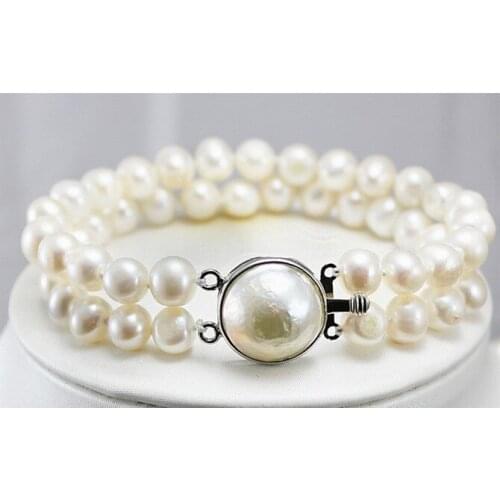 NEW wholesale 2 rows noble 7- 8mm goden shell pearl clap bracelet 8"