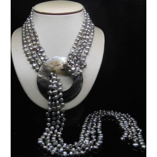 Free shipping shitou 32" Natural 4- Row 5-6MM AAA Silver_Gray Baroque pearl Necklace