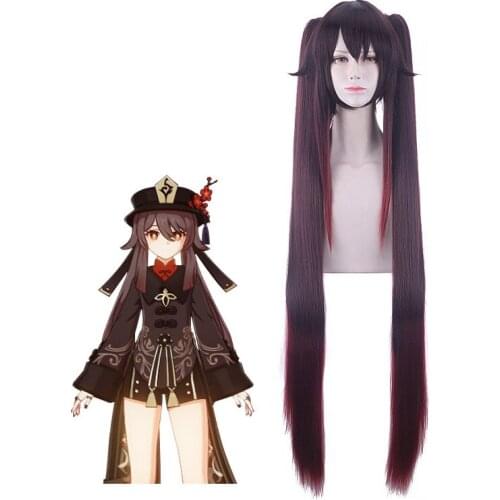 Genshin Impact Wig with Ponytails HuTao Cosplay Gradient Brown Hair 120cm Long Heat Resistant Wigs Men Women Role Play Costume