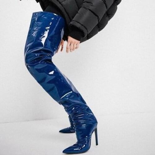 Large Circuit Sexy Pointed Toe Side Zip Blue Mirror Leather Women Thigh High Boots Over Knee High Winter Shoes Boots Big Size 47