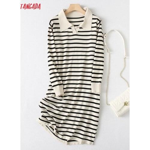 Tangada 2021 Fashion Women Striped Elegant Sweater Dress Loose Long Sleeve Ladies Warm Knee Dress YU105